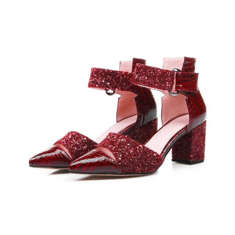 Women's Wine Red Leather Roman Sandals with Buckle and Metal Decoration