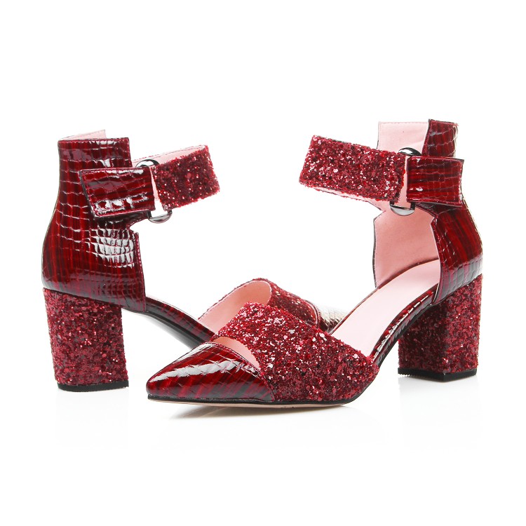 Women's Wine Red Leather Roman Sandals with Buckle and Metal Decoration