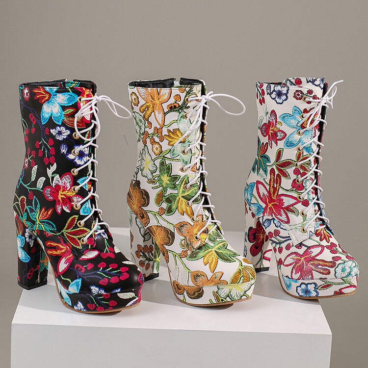 Women's Ethnic Embroidered Floral Mid-Calf High Heel Boots