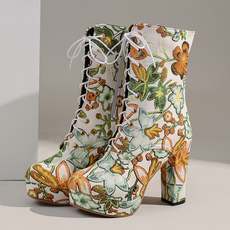 Women's Ethnic Embroidered Floral Mid-Calf High Heel Boots