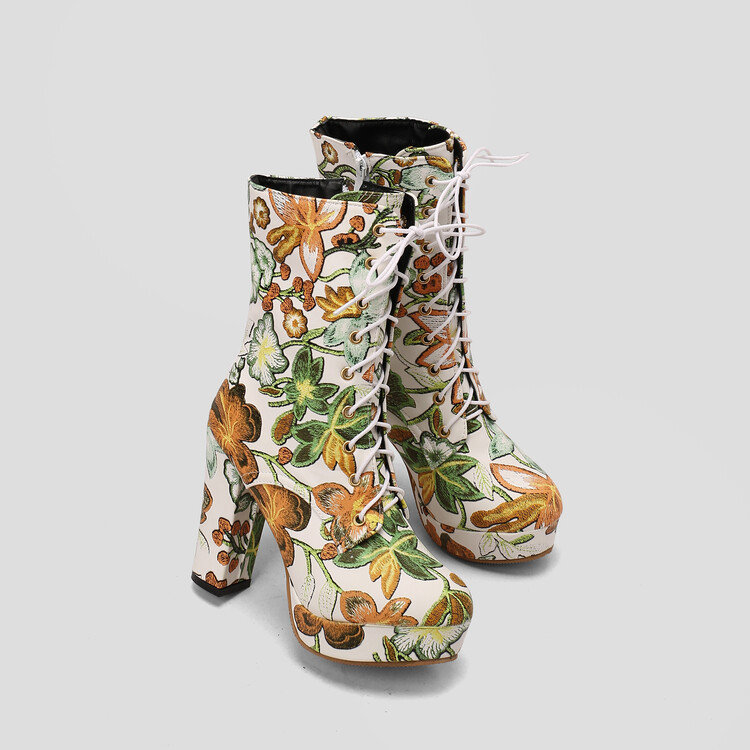 Women's Ethnic Embroidered Floral Mid-Calf High Heel Boots