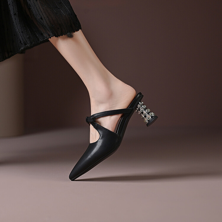 Women's Korean Style Pointed Toe Mule Flats - Genuine Leather, Mid Heel