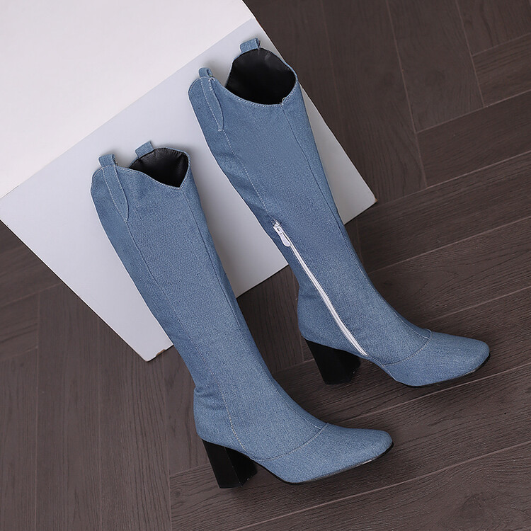Denim High Shaft Chunky Heel Side Zip Fashion Boots