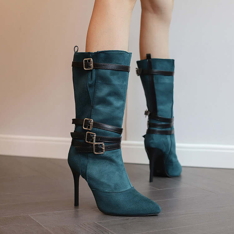 Women's Fashion High Heel Mid Calf Boots with Side Zipper and Cross Strap