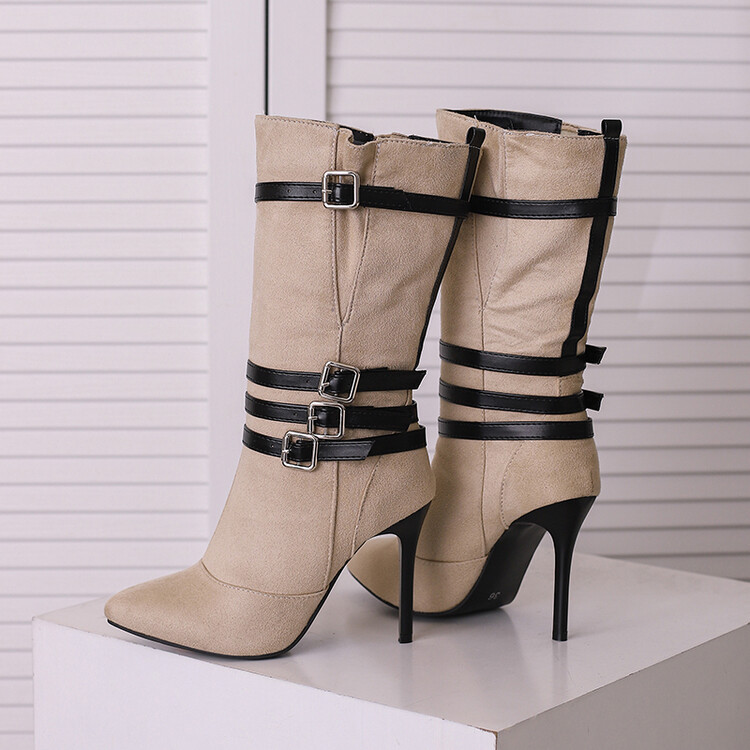 Women's Fashion High Heel Mid Calf Boots with Side Zipper and Cross Strap