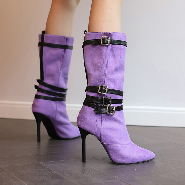 Women's Fashion High Heel Mid Calf Boots with Side Zipper and Cross Strap