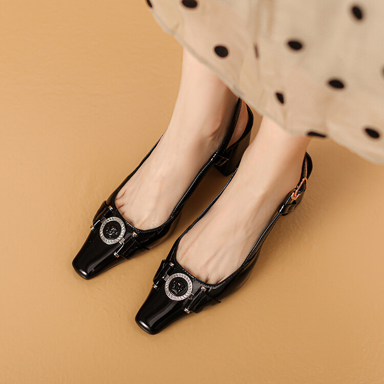 Women's Fashion High Heel Pumps with Square Toe and Metal Decoration