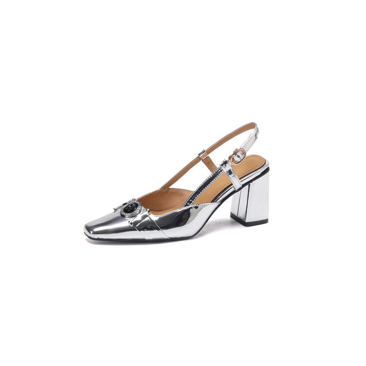 Women's Fashion High Heel Pumps with Square Toe and Metal Decoration