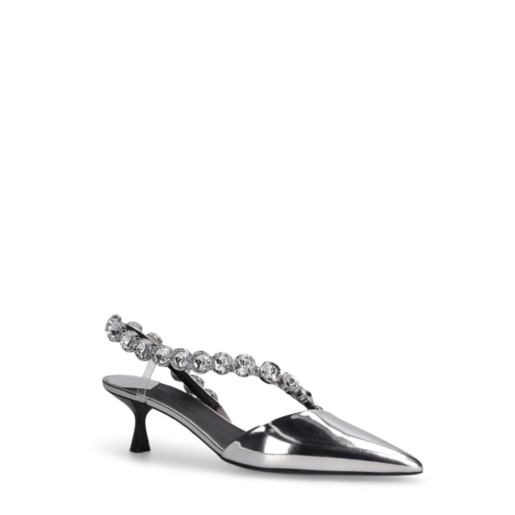 Silver Pointed Toe High Heel Pumps with Rhinestone Buckle Strap