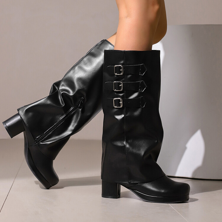 Women's and Men's Western High Shaft Boots with Chunky Mid Heel and Side Zipper