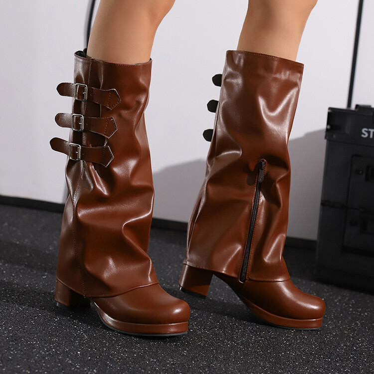 Women's and Men's Western High Shaft Boots with Chunky Mid Heel and Side Zipper