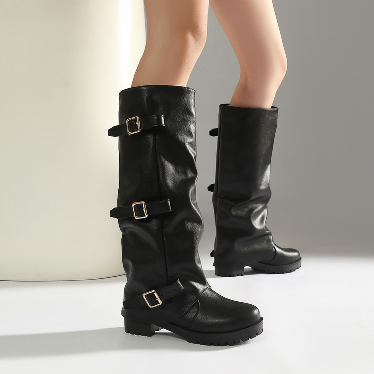 Knight Boots PU Rubber Sole Mid Heel Platform Buckle Detail - Style g.html