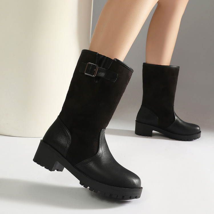 Knight Boots PU Rubber Sole Color Block Buckle Slip-On Round Toe